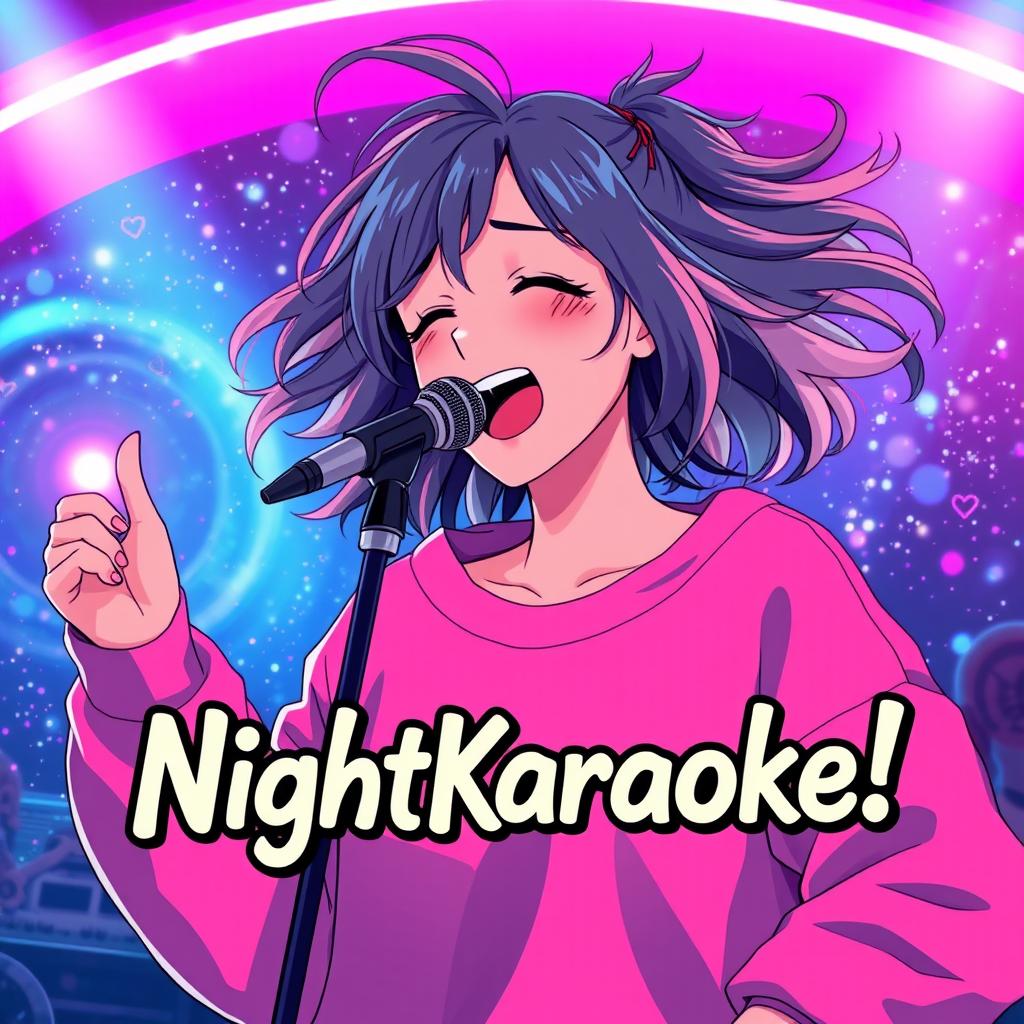 An energetic anime scene featuring a dynamic 30-year-old woman with vibrant, flowing hair, passionately singing energetically into a microphone