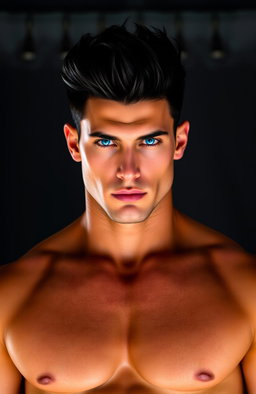 A tall, muscular man with striking black hair and intense electric blue eyes