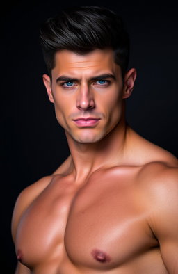A tall, muscular man with striking black hair and intense electric blue eyes