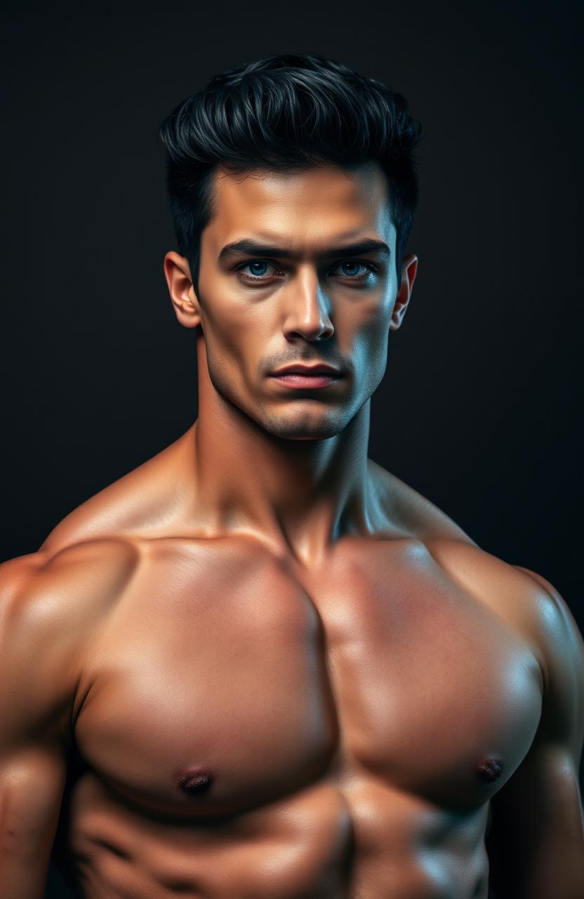 A tall, muscular man with striking black hair and intense electric blue eyes