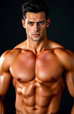 A tall, muscular man with striking black hair and intense electric blue eyes