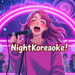 An energetic anime scene featuring a dynamic 30-year-old woman with vibrant, flowing hair, passionately singing energetically into a microphone