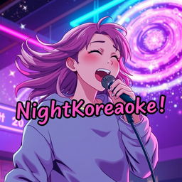 An energetic anime scene featuring a dynamic 30-year-old woman with vibrant, flowing hair, passionately singing energetically into a microphone