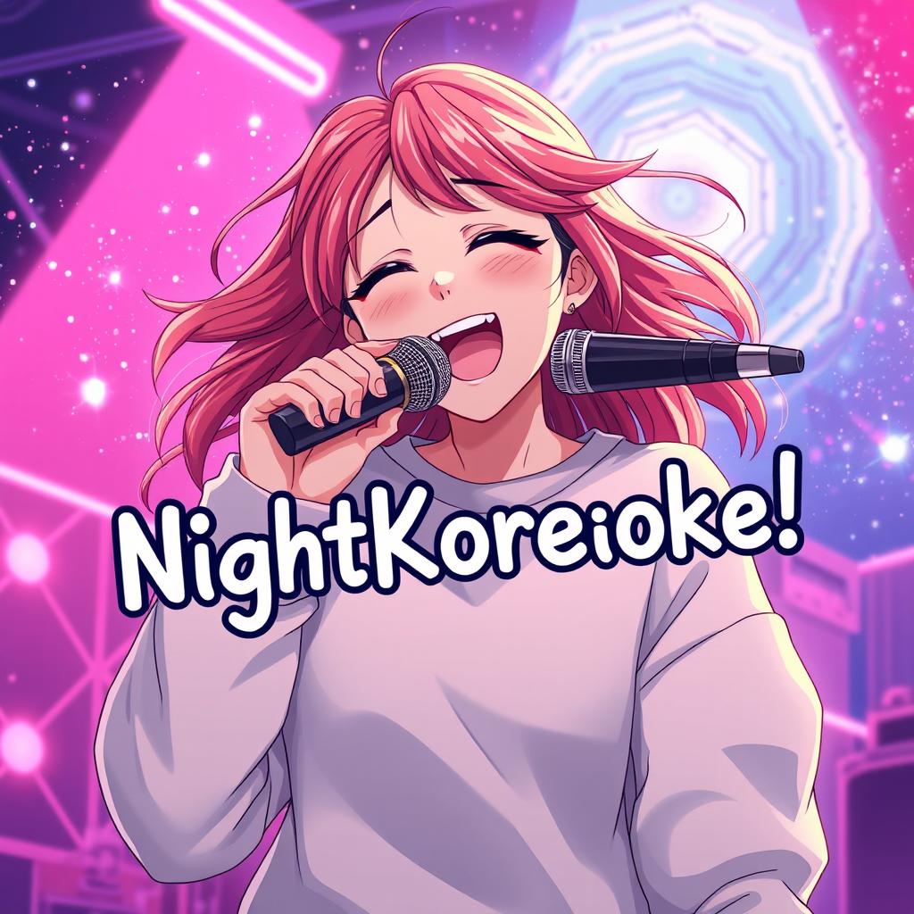 An energetic anime scene featuring a dynamic 30-year-old woman with vibrant, flowing hair, passionately singing energetically into a microphone