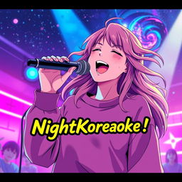 An energetic anime scene featuring a dynamic 30-year-old woman with vibrant, flowing hair, passionately singing energetically into a microphone
