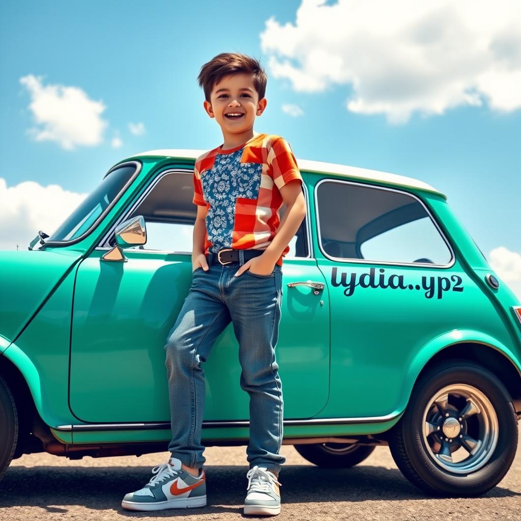 A boy standing beside a classic Mini Cooper car, with vibrant colors highlighting the vehicle