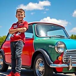 A boy standing beside a classic Mini Cooper car, with vibrant colors highlighting the vehicle