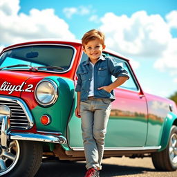A boy standing beside a classic Mini Cooper car, with vibrant colors highlighting the vehicle