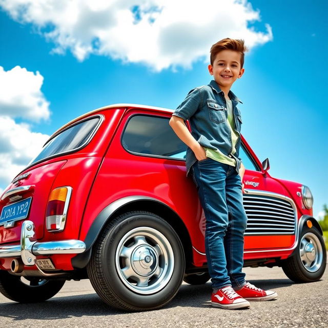 A boy standing beside a classic Mini Cooper car, with vibrant colors highlighting the vehicle