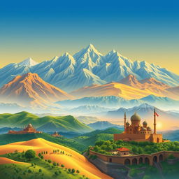 A breathtaking illustration representing the diverse landscapes of Iran, showcasing its rich cultural heritage and natural beauty