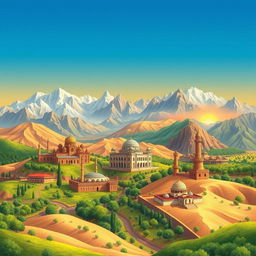 A breathtaking illustration representing the diverse landscapes of Iran, showcasing its rich cultural heritage and natural beauty