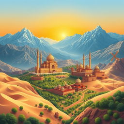 A breathtaking illustration representing the diverse landscapes of Iran, showcasing its rich cultural heritage and natural beauty