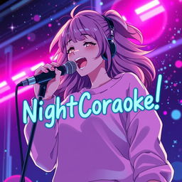 An energetic anime scene featuring a dynamic 30-year-old woman with vibrant, flowing hair, passionately singing into a microphone