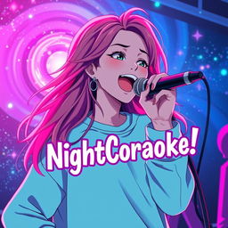 An energetic anime scene featuring a dynamic 30-year-old woman with vibrant, flowing hair, passionately singing into a microphone