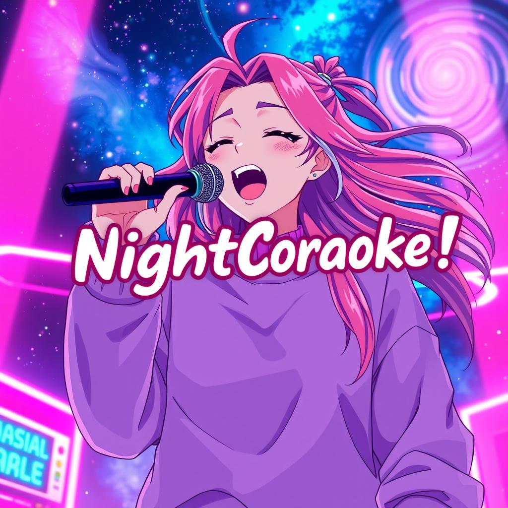 An energetic anime scene featuring a dynamic 30-year-old woman with vibrant, flowing hair, passionately singing into a microphone