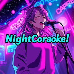 An energetic anime scene featuring a dynamic 30-year-old woman with vibrant, flowing hair, passionately singing into a microphone