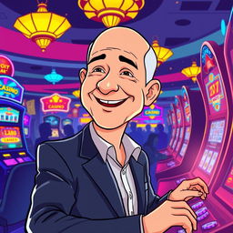 A cartoon illustration of Jeff Bezos joyfully playing at a casino, surrounded by colorful slot machines and lively casino lights