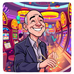 A cartoon illustration of Jeff Bezos joyfully playing at a casino, surrounded by colorful slot machines and lively casino lights