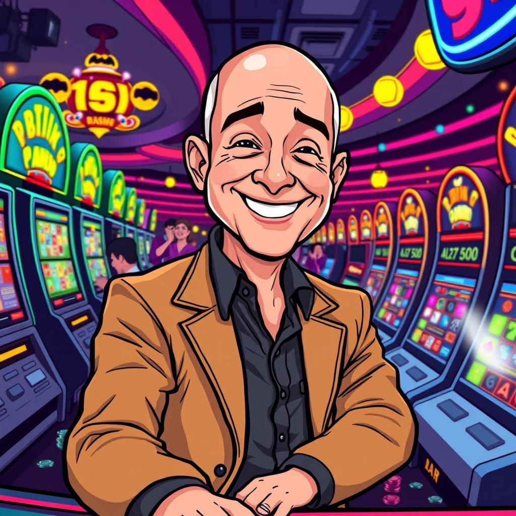 A cartoon illustration of Jeff Bezos joyfully playing at a casino, surrounded by colorful slot machines and lively casino lights