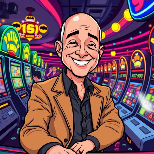 A cartoon illustration of Jeff Bezos joyfully playing at a casino, surrounded by colorful slot machines and lively casino lights
