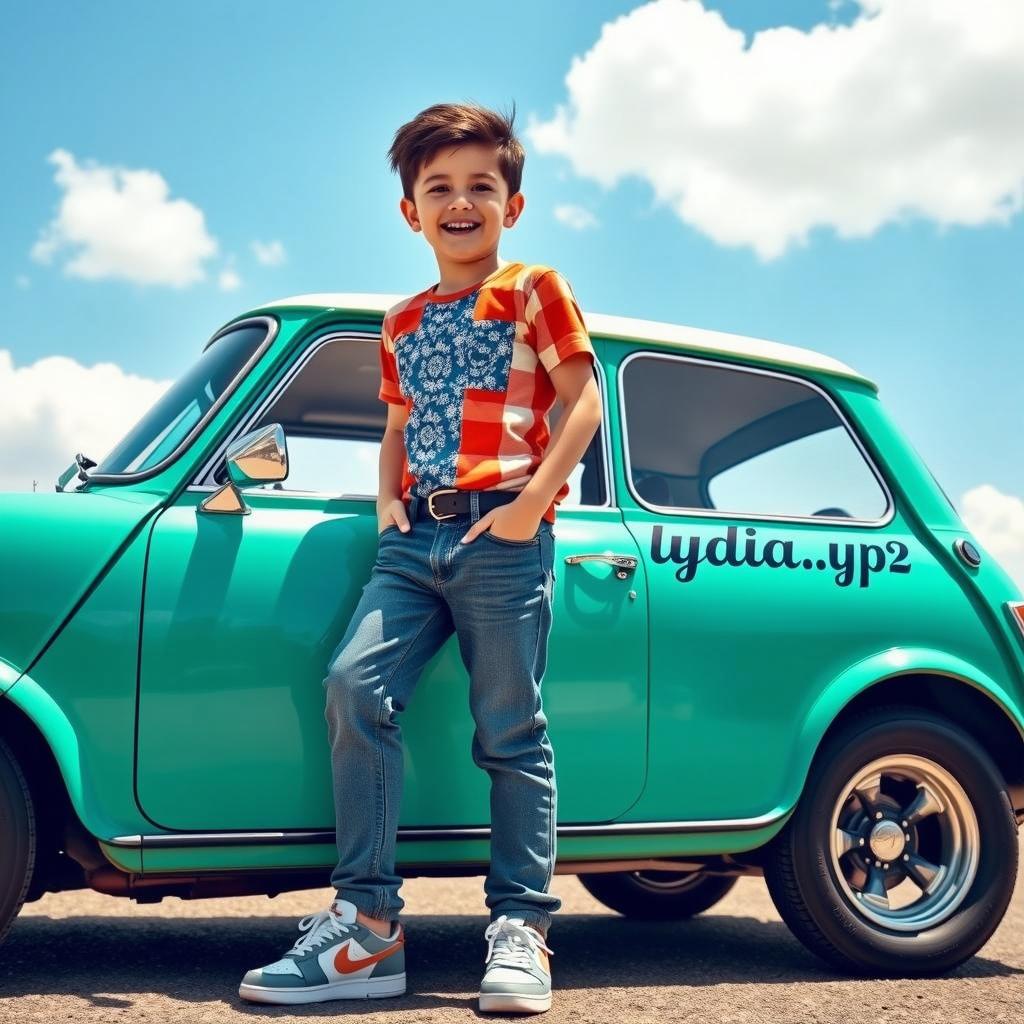 A cheerful boy standing beside a turquoise minicopper car, featuring 'lydia