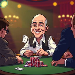 A cartoon illustration featuring a caricature of Jeff Bezos sitting at a poker table, exuding confidence and charisma as he holds a winning hand of cards