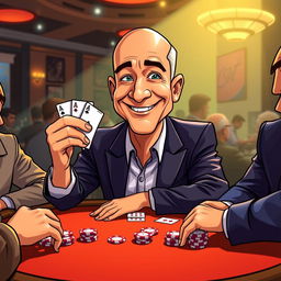 A cartoon illustration featuring a caricature of Jeff Bezos sitting at a poker table, exuding confidence and charisma as he holds a winning hand of cards