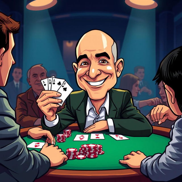 A cartoon illustration featuring a caricature of Jeff Bezos sitting at a poker table, exuding confidence and charisma as he holds a winning hand of cards