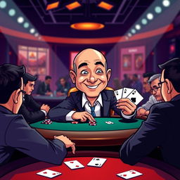 A cartoon illustration featuring a caricature of Jeff Bezos sitting at a poker table, exuding confidence and charisma as he holds a winning hand of cards