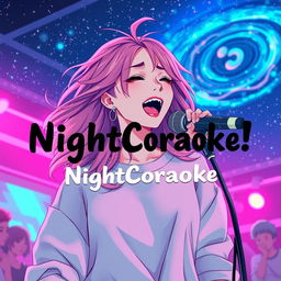 An energetic anime scene featuring a dynamic 30-year-old woman with vibrant, flowing hair, enjoying a lively performance as she sings energetically into a microphone