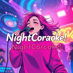 An energetic anime scene featuring a dynamic 30-year-old woman with vibrant, flowing hair, enjoying a lively performance as she sings energetically into a microphone
