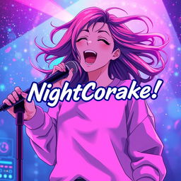 An energetic anime scene featuring a dynamic 30-year-old woman with vibrant, flowing hair, enjoying a lively performance as she sings energetically into a microphone