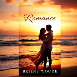 A captivating ebook cover for a romance novel, featuring a beautiful sunset backdrop over a serene beach, with gentle waves lapping at the shore