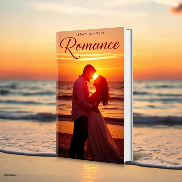 A captivating ebook cover for a romance novel, featuring a beautiful sunset backdrop over a serene beach, with gentle waves lapping at the shore