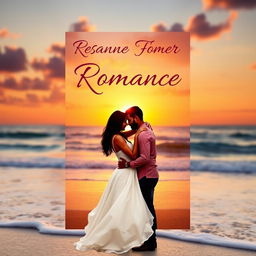 A captivating ebook cover for a romance novel, featuring a beautiful sunset backdrop over a serene beach, with gentle waves lapping at the shore