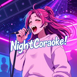 An energetic anime scene featuring a dynamic 30-year-old woman with vibrant, flowing hair, passionately singing energetically into a microphone
