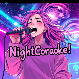 An energetic anime scene featuring a dynamic 30-year-old woman with vibrant, flowing hair, passionately singing energetically into a microphone