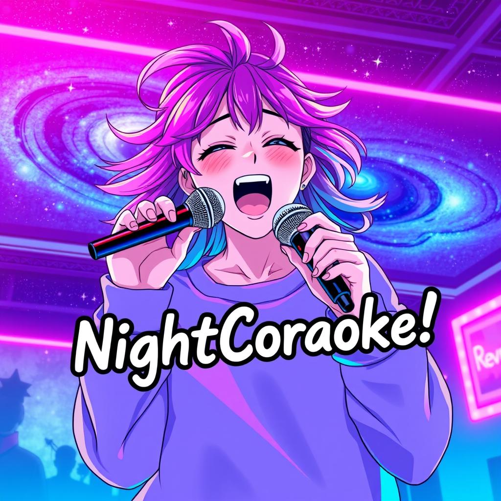 An energetic anime scene featuring a dynamic 30-year-old woman with vibrant, flowing hair, passionately singing energetically into a microphone