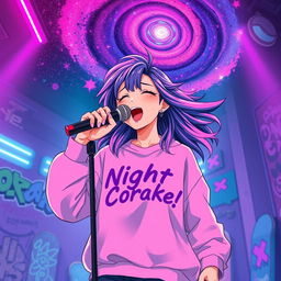 An energetic anime scene featuring a dynamic 30-year-old woman with vibrant, flowing hair, singing energetically into a microphone