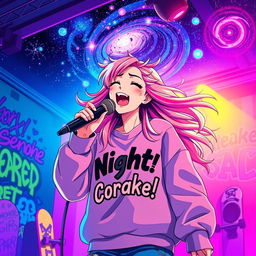 An energetic anime scene featuring a dynamic 30-year-old woman with vibrant, flowing hair, singing energetically into a microphone