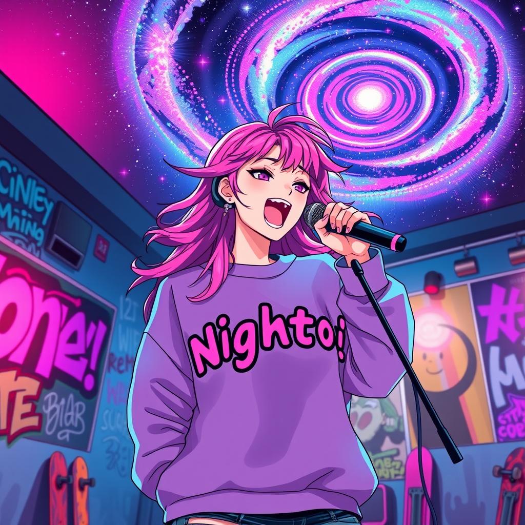 An energetic anime scene featuring a dynamic 30-year-old woman with vibrant, flowing hair, singing energetically into a microphone