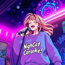 An energetic anime scene featuring a dynamic 30-year-old woman with vibrant, flowing hair, singing energetically into a microphone