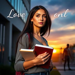 A romantic ebook cover featuring Melina, a young physiotherapy student with long dark hair, holding a book in her hand while standing outside a university building