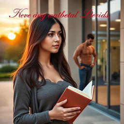A romantic ebook cover featuring Melina, a young physiotherapy student with long dark hair, holding a book in her hand while standing outside a university building