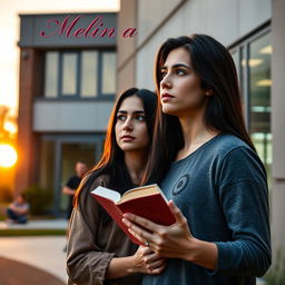 A romantic ebook cover featuring Melina, a young physiotherapy student with long dark hair, holding a book in her hand while standing outside a university building