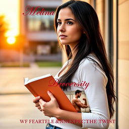 A romantic ebook cover featuring Melina, a young physiotherapy student with long dark hair, holding a book in her hand while standing outside a university building