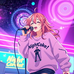 An energetic anime scene featuring a dynamic 30-year-old girl with vibrant, flowing hair, singing energetically into a microphone