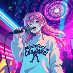 An energetic anime scene featuring a dynamic 30-year-old girl with vibrant, flowing hair, singing energetically into a microphone