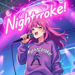 An energetic anime scene featuring a dynamic 30-year-old girl with vibrant, flowing hair, singing energetically into a microphone