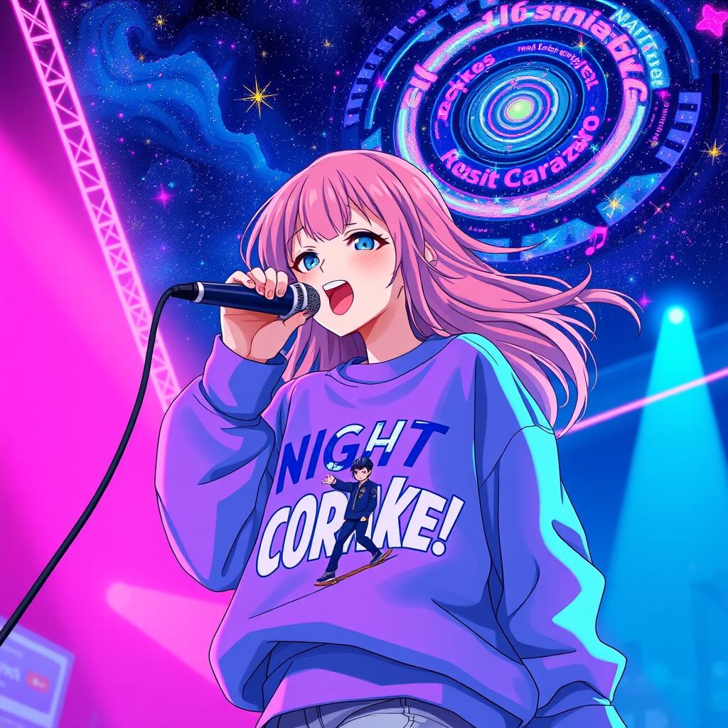 An energetic anime scene featuring a dynamic 30-year-old girl with vibrant, flowing hair, singing energetically into a microphone